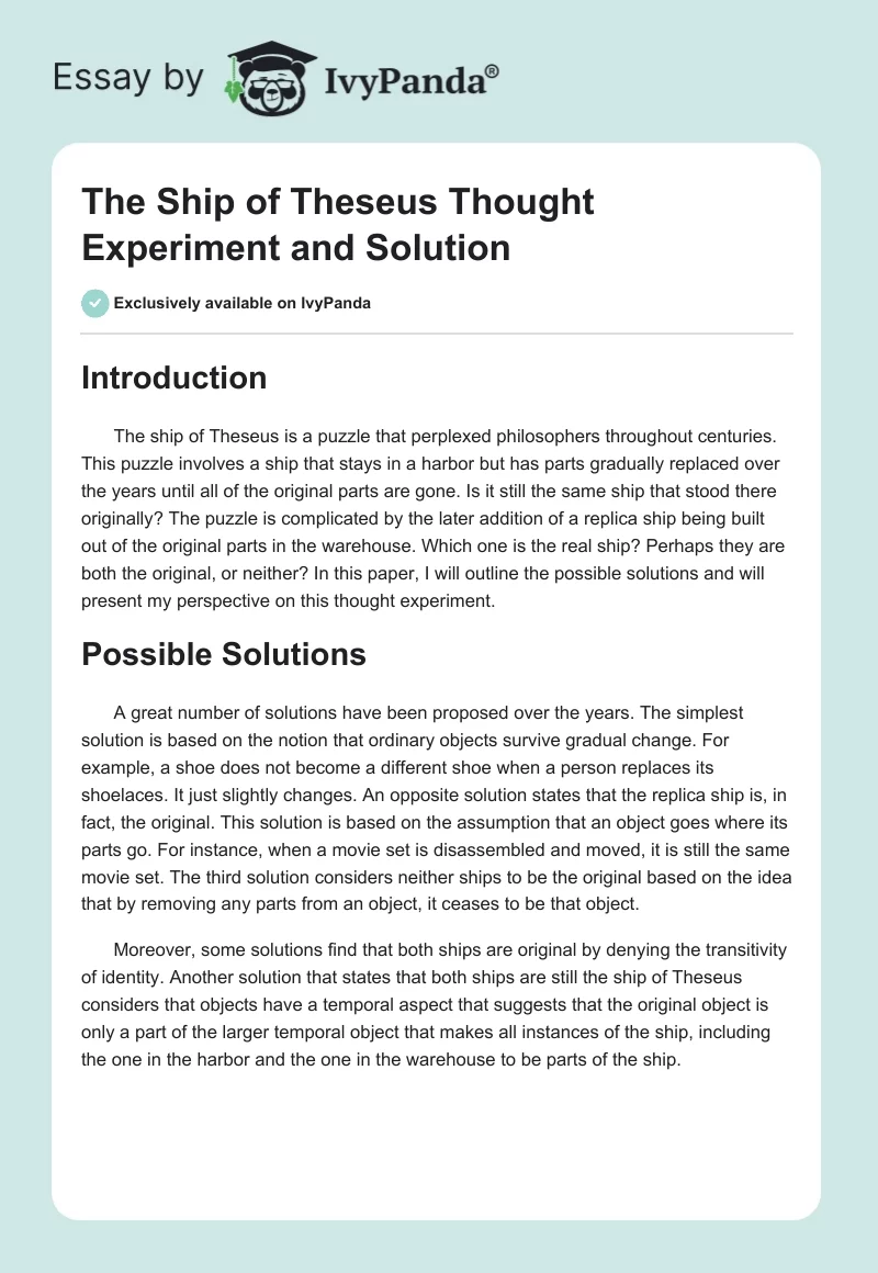 The Ship of Theseus Thought Experiment and Solution. Page 1