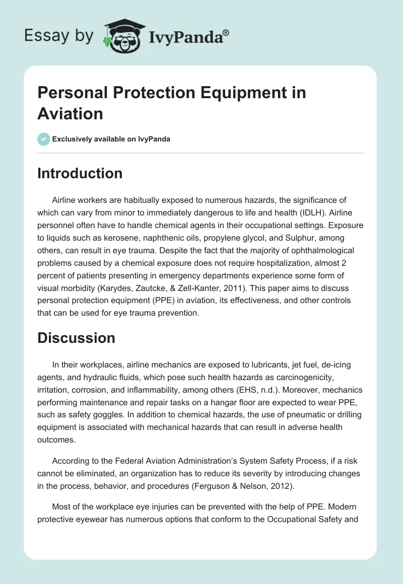 Personal Protection Equipment in Aviation. Page 1