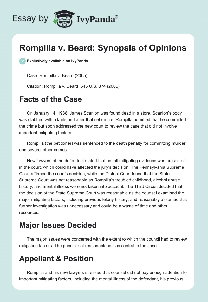 Rompilla v. Beard: Synopsis of Opinions. Page 1
