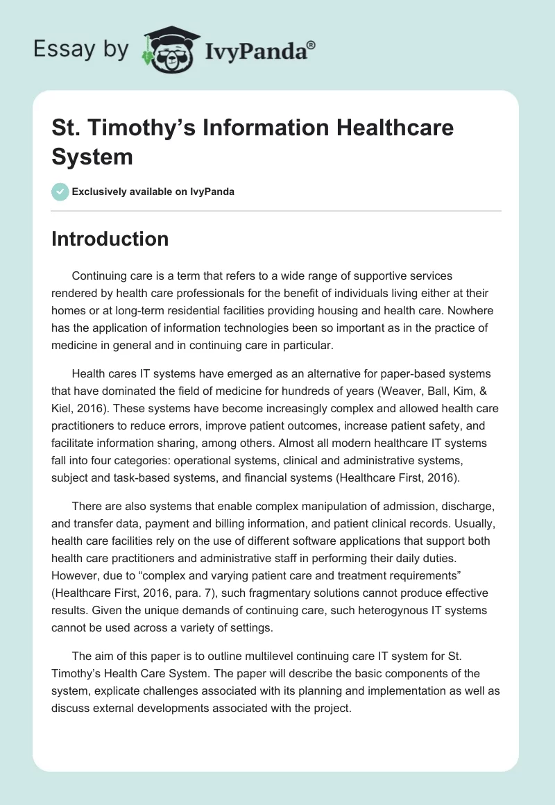 St. Timothy’s Information Healthcare System. Page 1