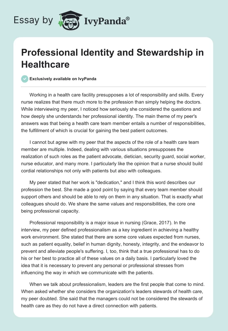 Professional Identity and Stewardship in Healthcare. Page 1