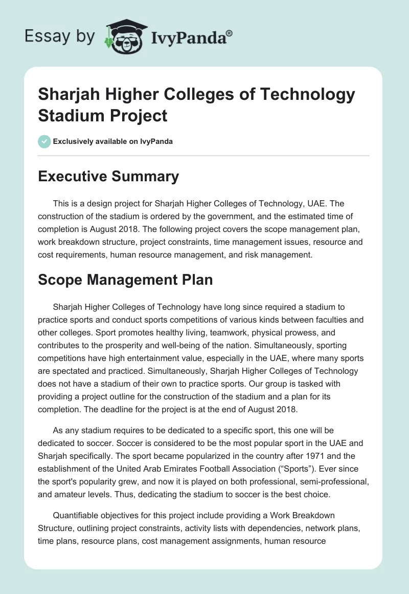 Sharjah Higher Colleges of Technology Stadium Project. Page 1