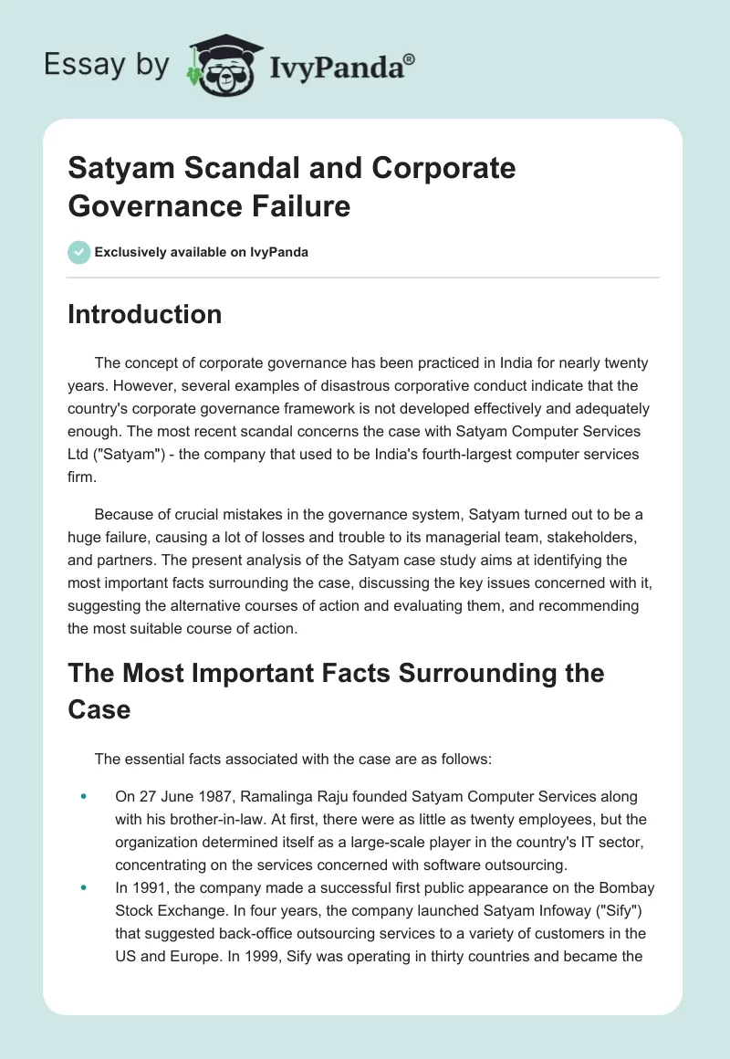 Satyam Scandal and Corporate Governance Failure. Page 1