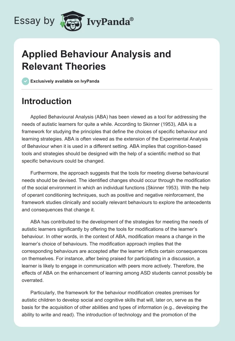 Applied Behaviour Analysis and Relevant Theories. Page 1