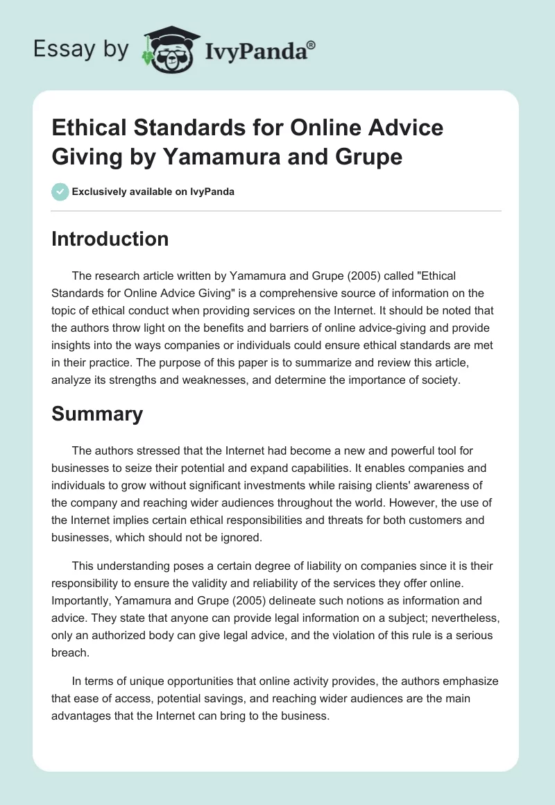 "Ethical Standards for Online Advice Giving" by Yamamura and Grupe. Page 1