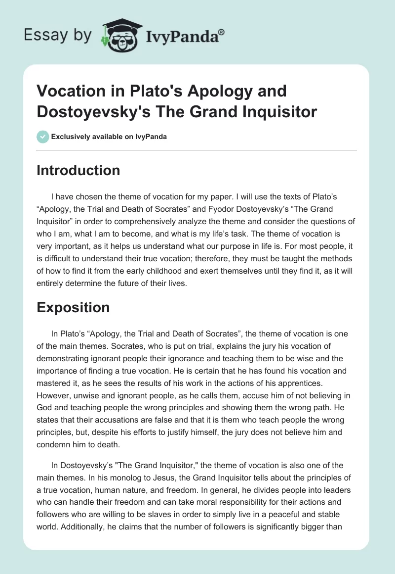 Vocation in Plato's "Apology" and Dostoyevsky's "The Grand Inquisitor". Page 1