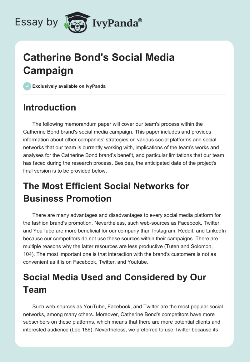Catherine Bond's Social Media Campaign. Page 1