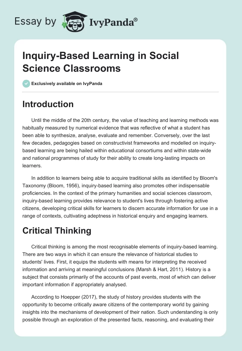 Inquiry-Based Learning in Social Science Classrooms. Page 1