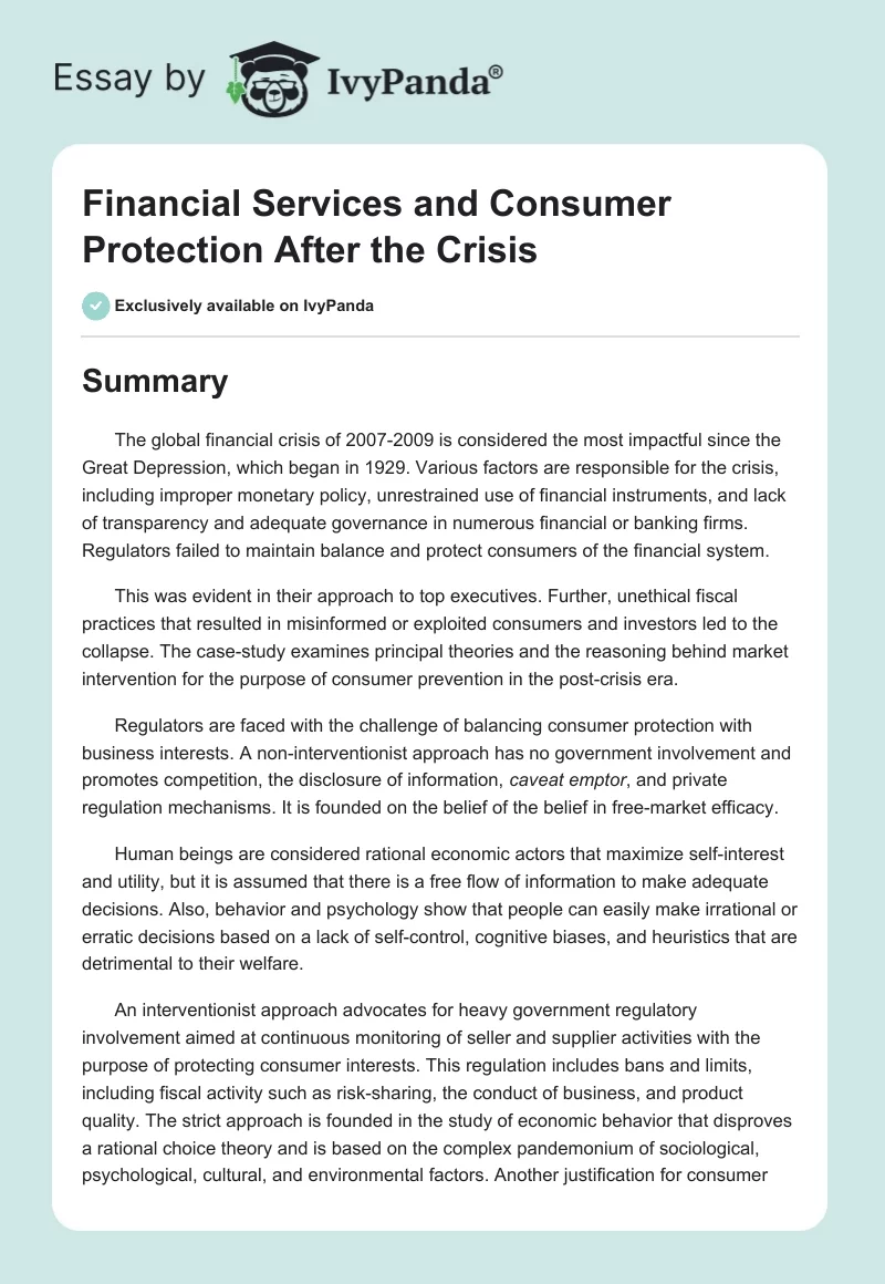 Financial Services and Consumer Protection After the Crisis. Page 1