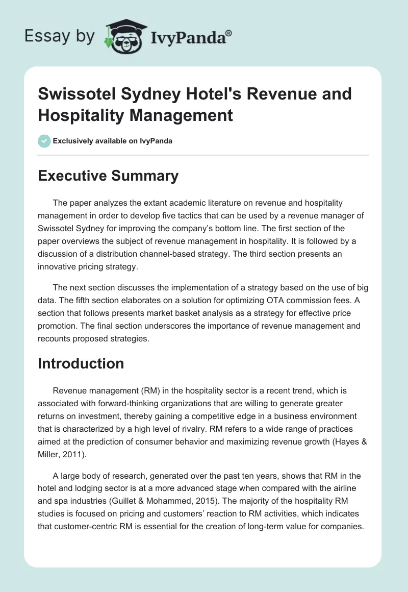 Swissotel Sydney Hotel's Revenue and Hospitality Management. Page 1
