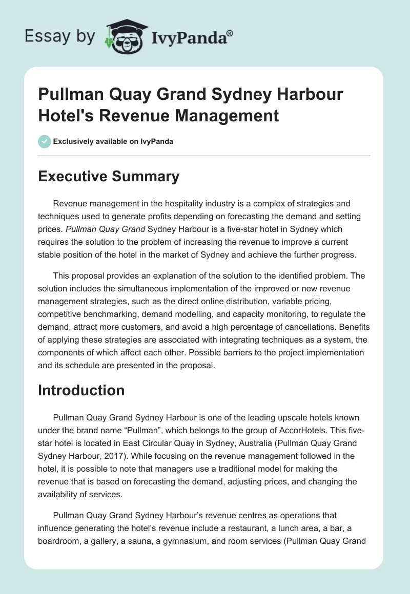 Pullman Quay Grand Sydney Harbour Hotel's Revenue Management. Page 1