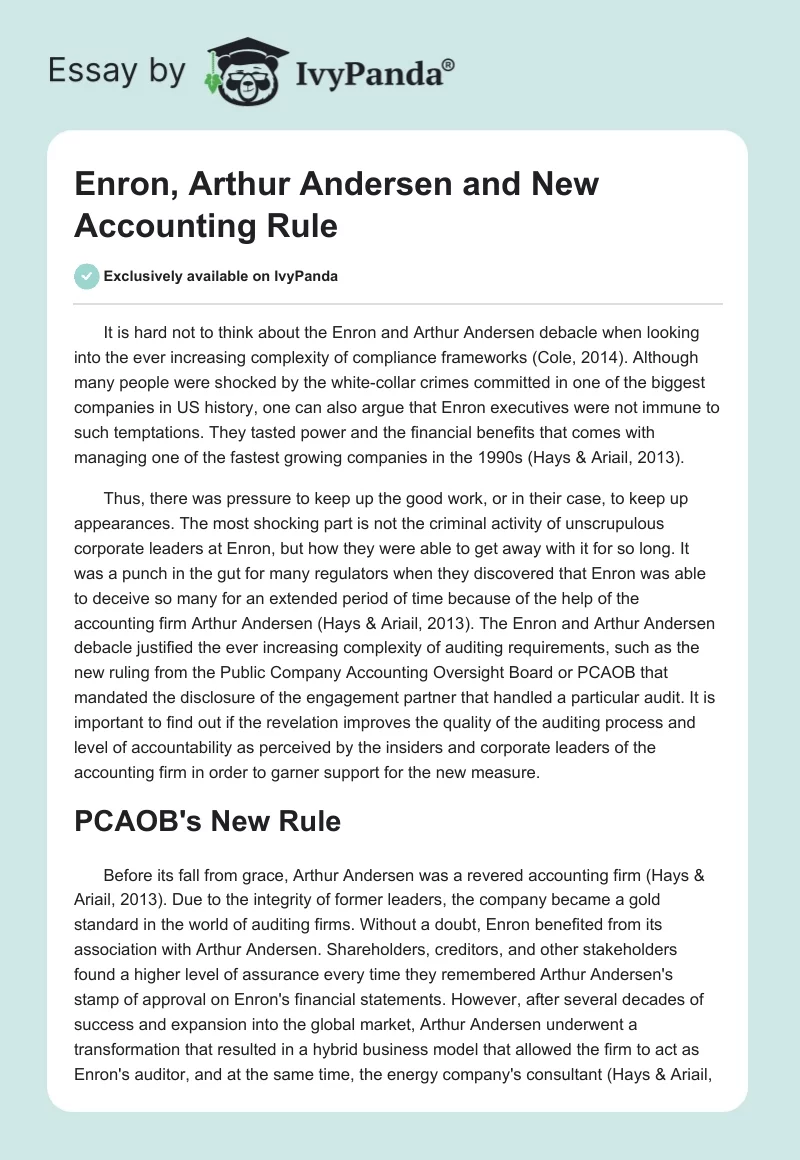 Enron, Arthur Andersen and New Accounting Rule. Page 1
