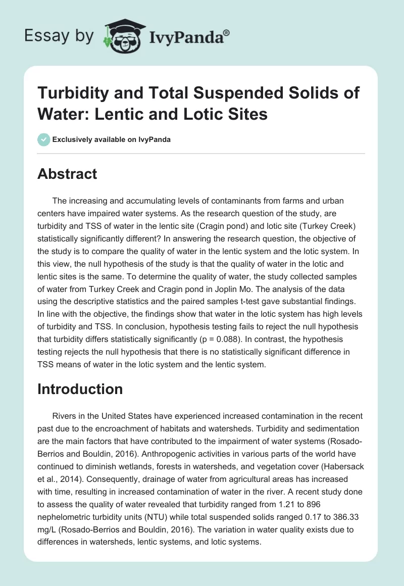 Turbidity and Total Suspended Solids of Water: Lentic and Lotic Sites. Page 1