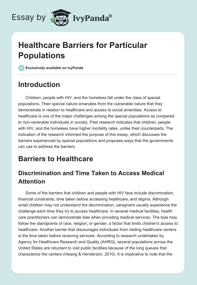 Healthcare Barriers for Particular Populations. Page 1