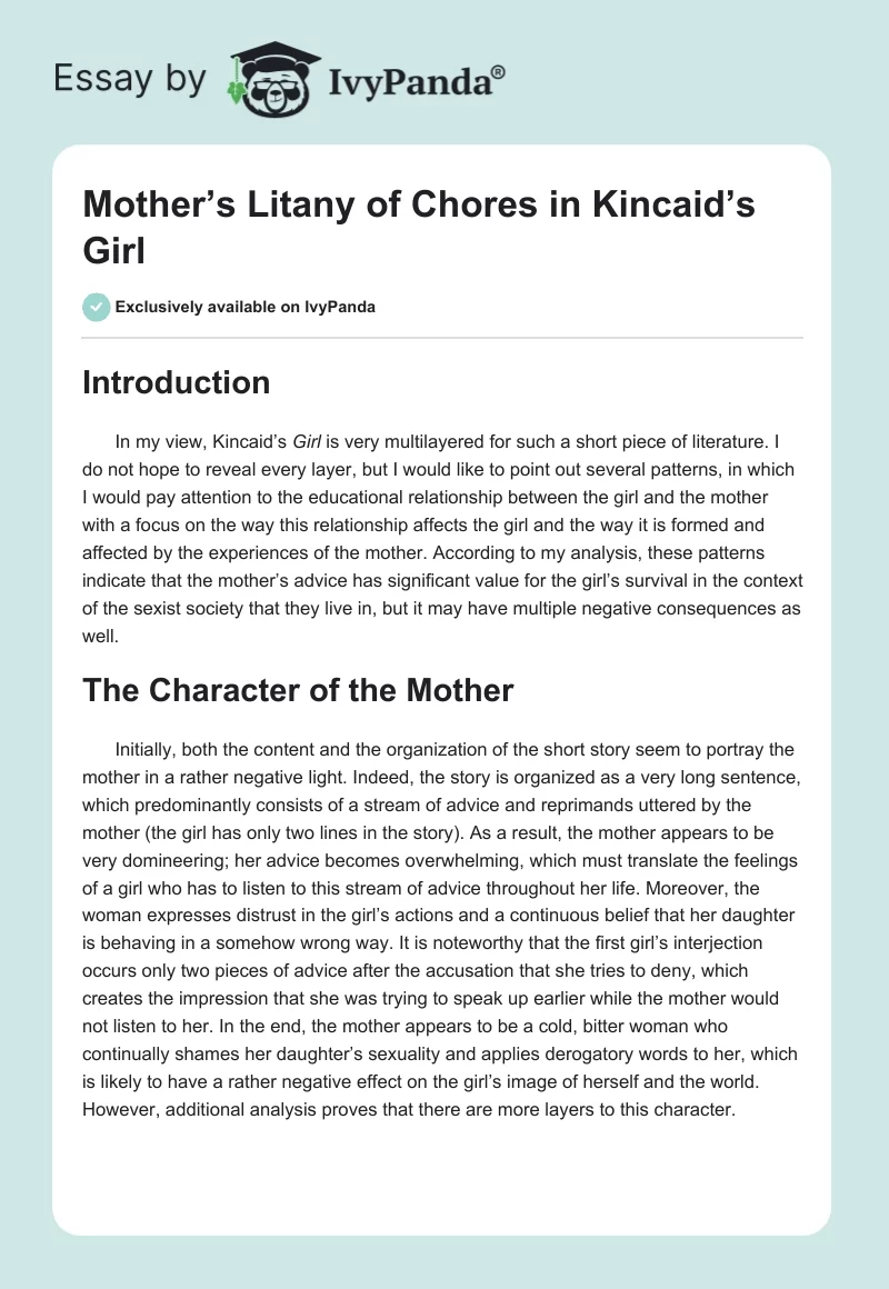 Mother’s Litany of Chores in Kincaid’s "Girl". Page 1