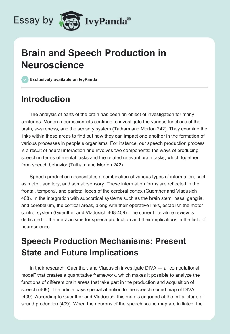 Brain and Speech Production in Neuroscience. Page 1