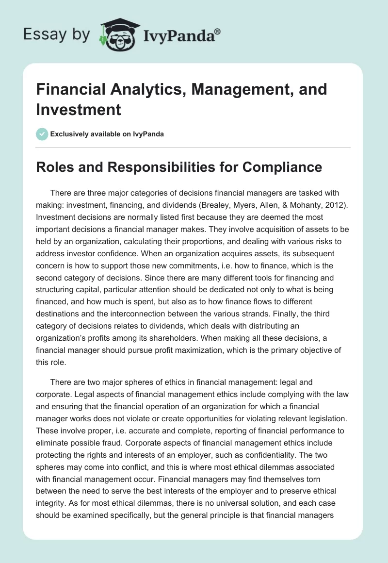 Financial Analytics, Management, and Investment. Page 1