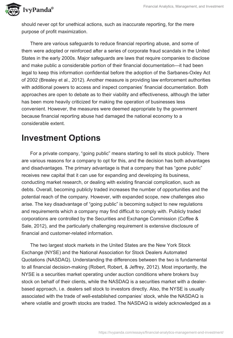 Financial Analytics, Management, and Investment. Page 2