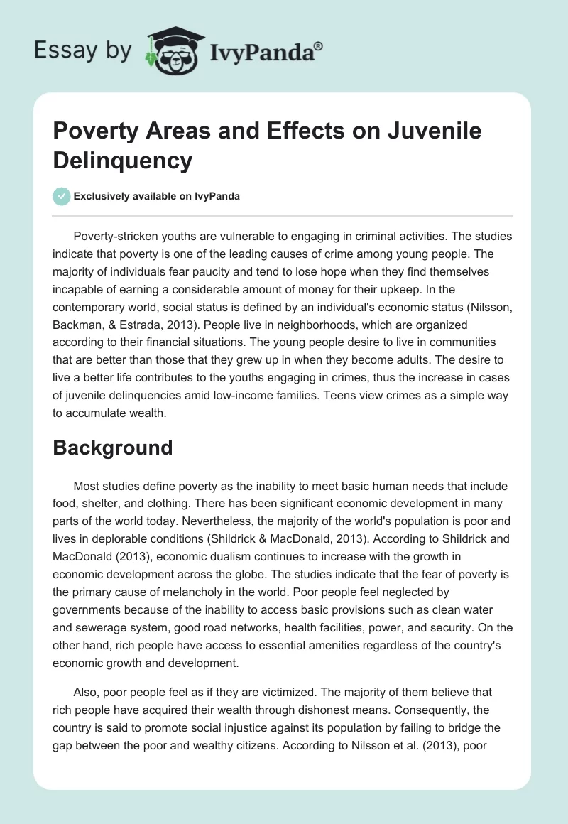 Poverty Areas and Effects on Juvenile Delinquency. Page 1
