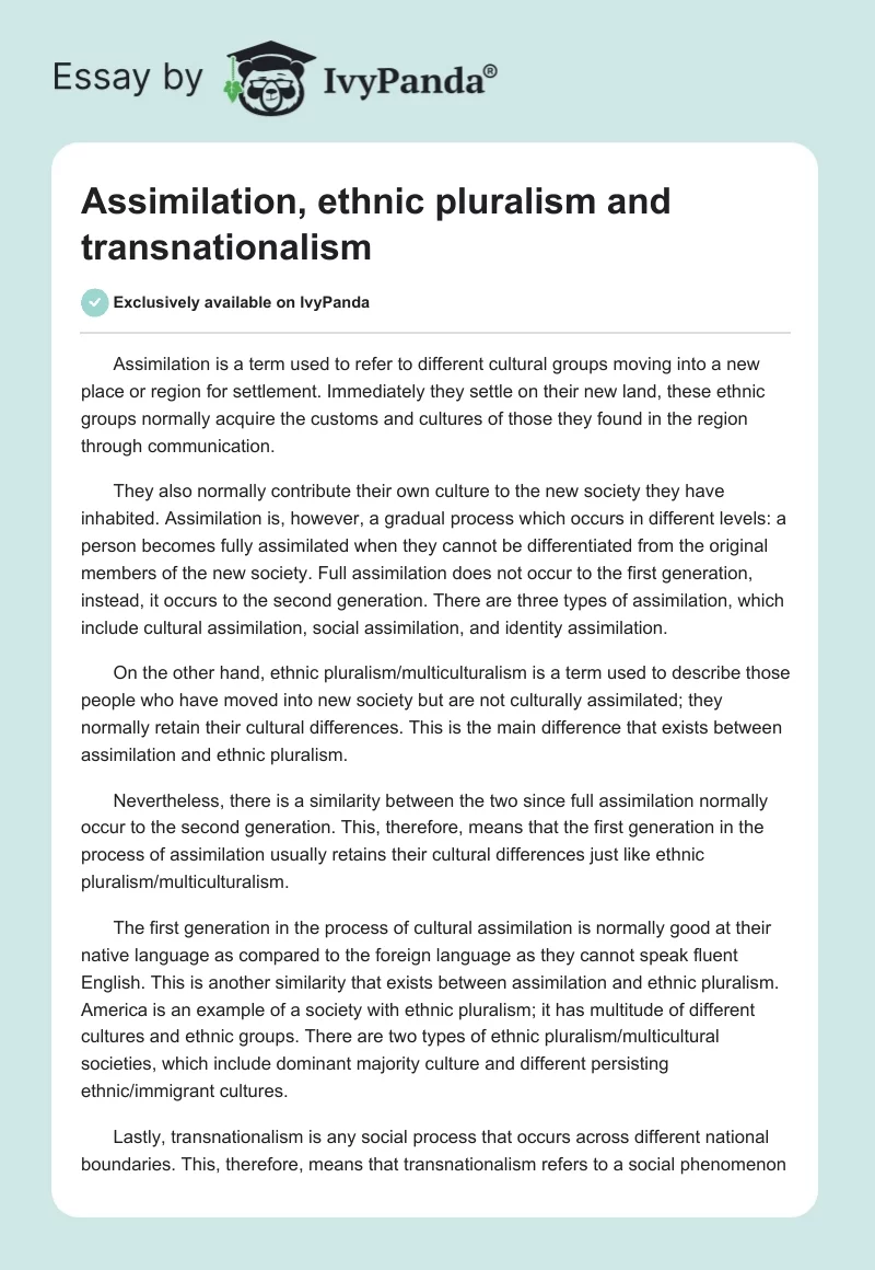 Assimilation, Ethnic Pluralism and Transnationalism. Page 1