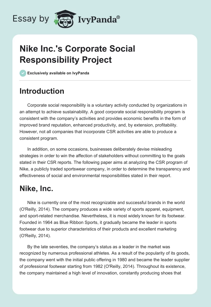 Extranjero Correo miel Nike Inc.: Corporate Social Responsibility Project - 2252 Words | Essay  Example