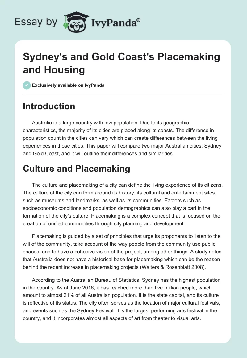 Sydney's and Gold Coast's Placemaking and Housing. Page 1