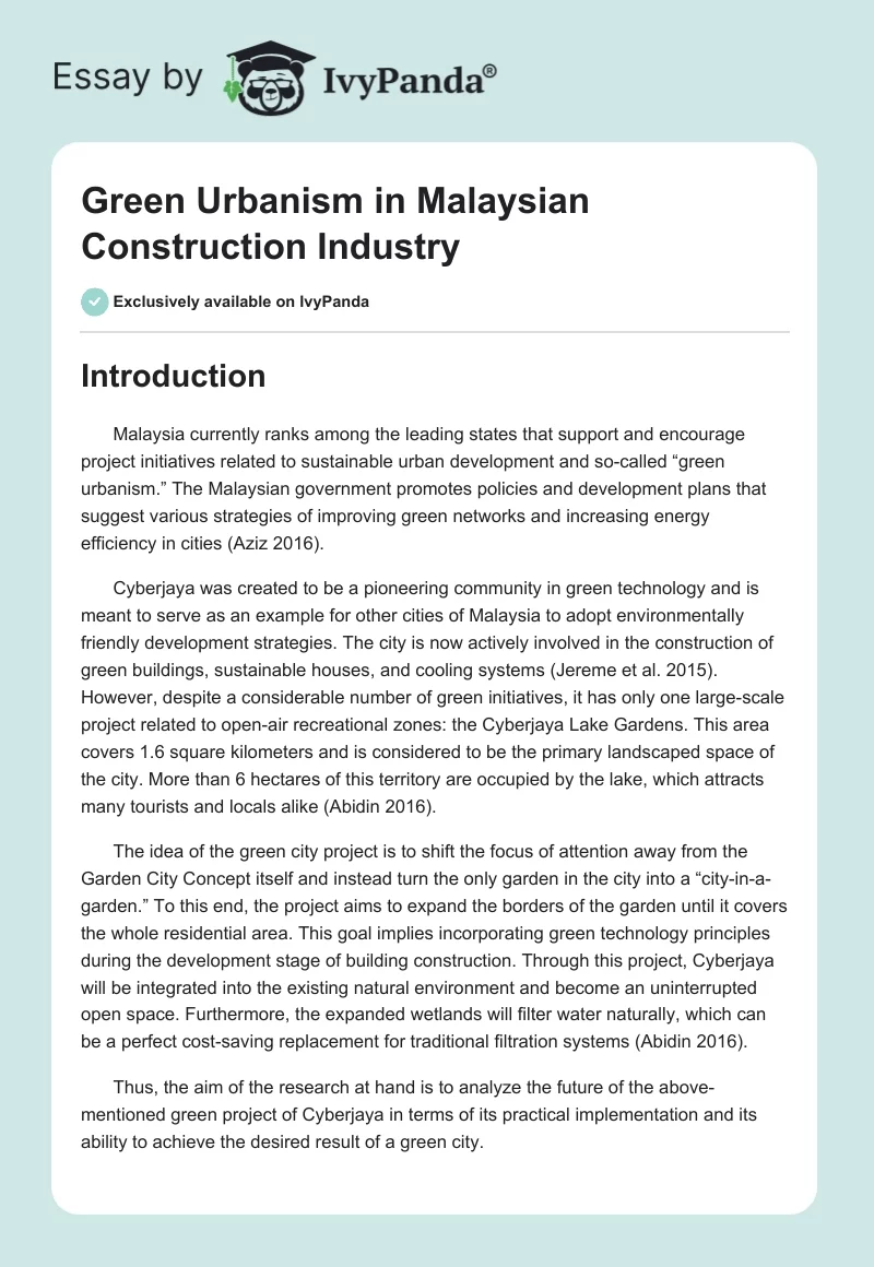 Green Urbanism in Malaysian Construction Industry. Page 1