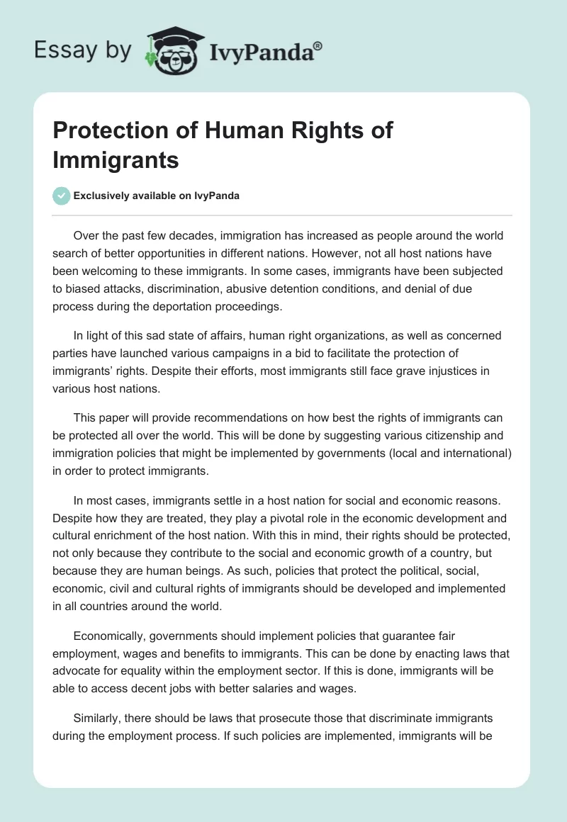Protection of Human Rights of Immigrants. Page 1