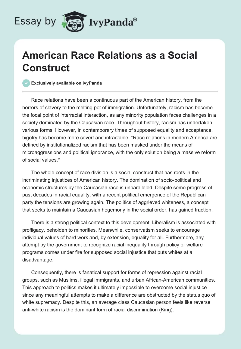 American Race Relations as a Social Construct. Page 1