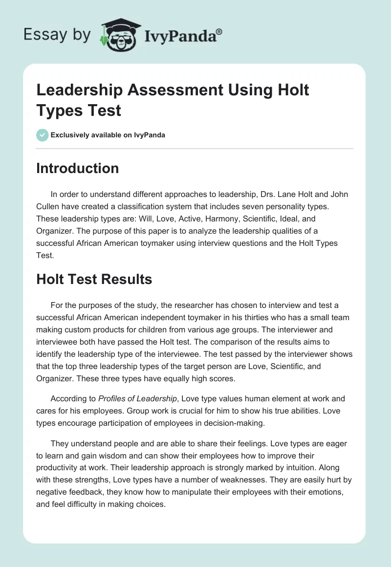Leadership Assessment Using Holt Types Test. Page 1