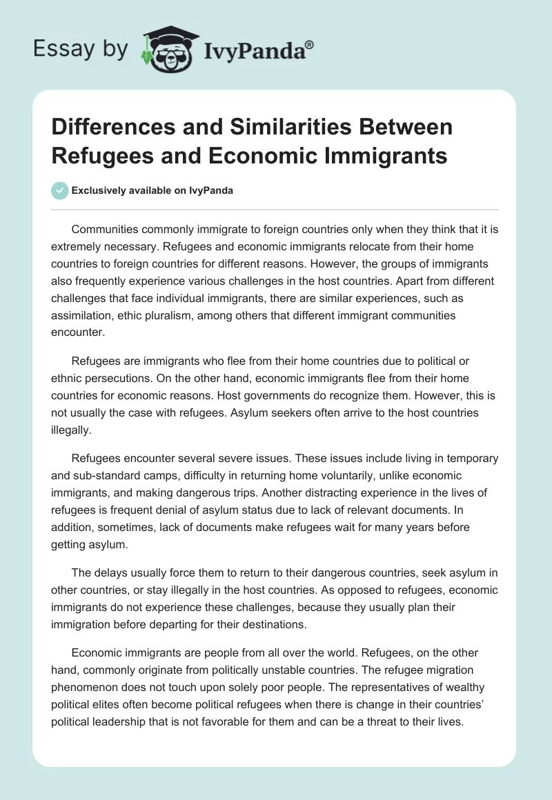 Differences and Similarities Between Refugees and Economic Immigrants. Page 1
