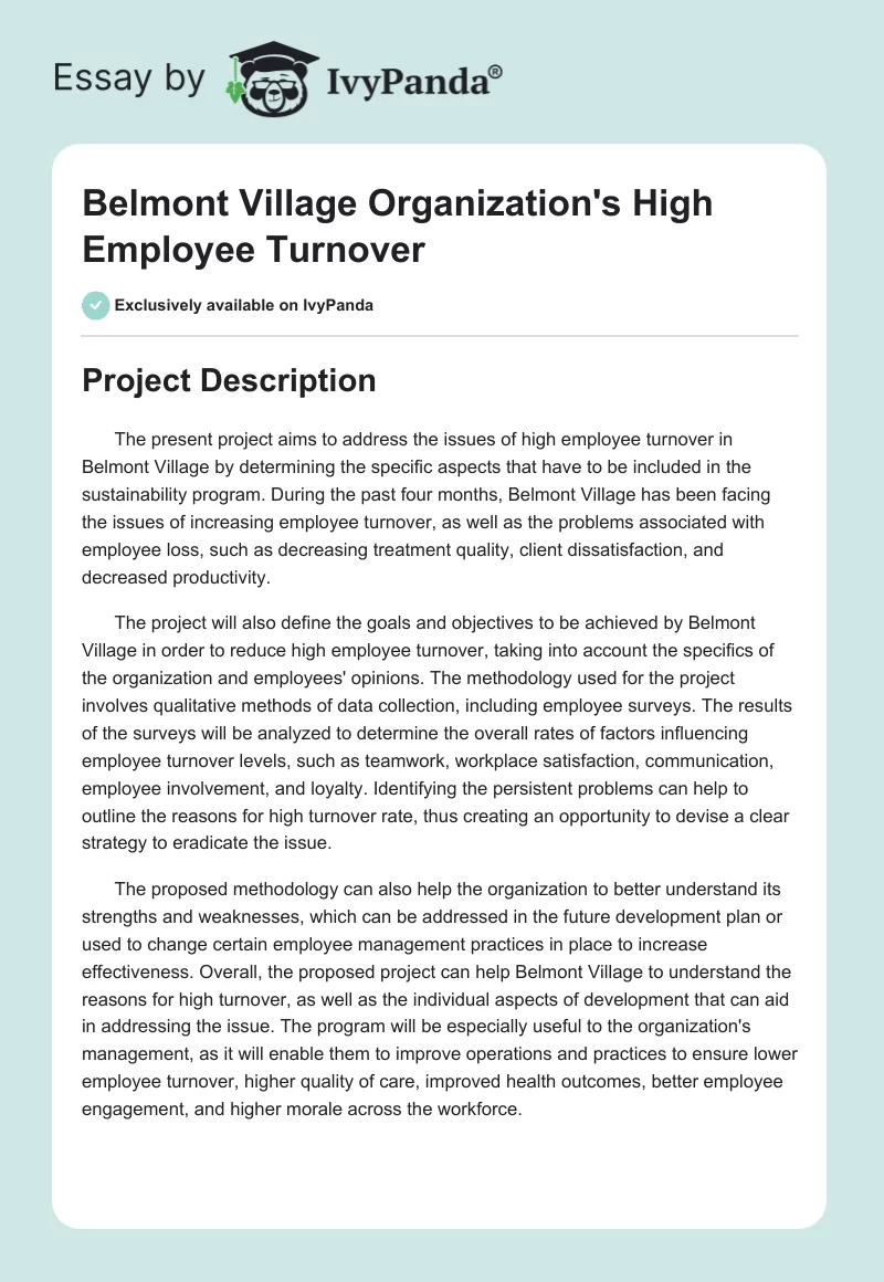 Belmont Village Organization's High Employee Turnover. Page 1
