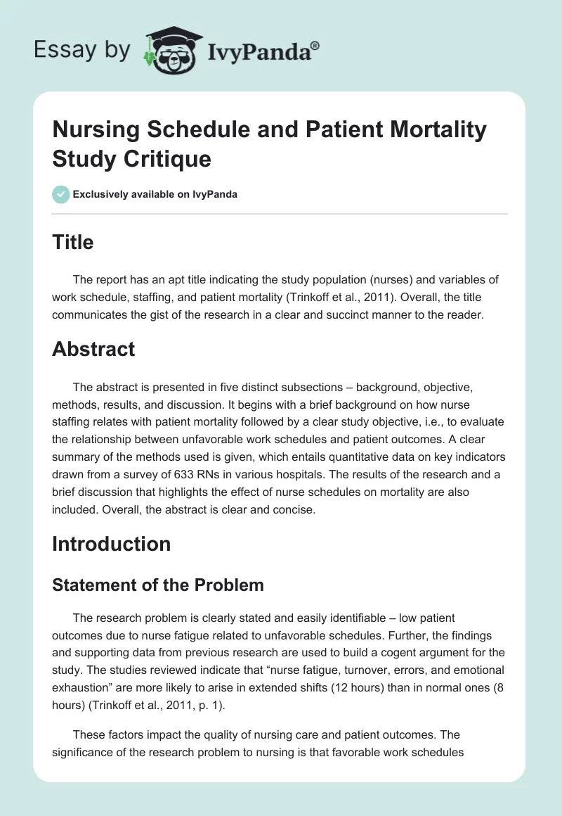 Nursing Schedule and Patient Mortality Study Critique. Page 1
