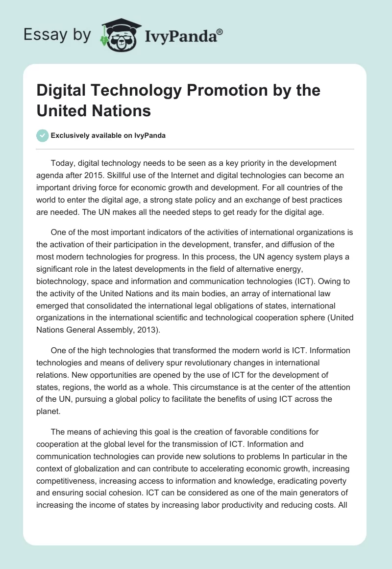 Digital Technology Promotion by the United Nations. Page 1