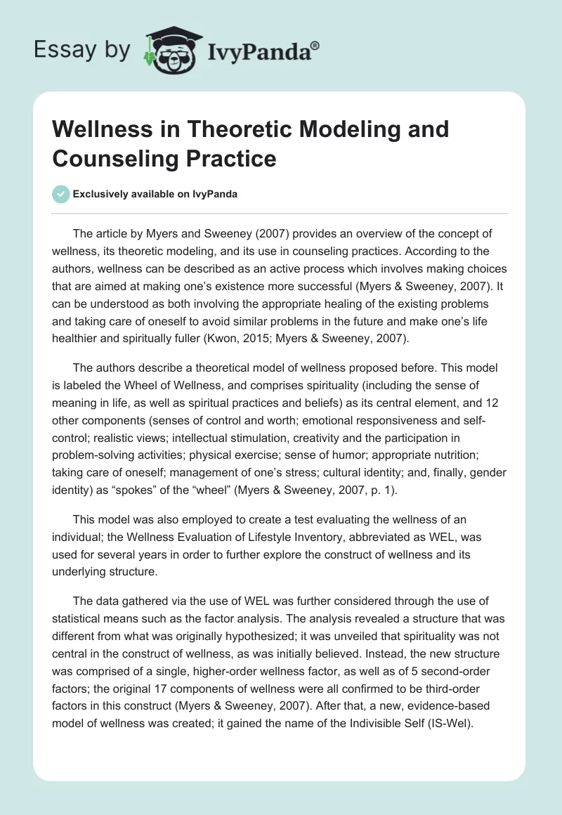 Wellness in Theoretic Modeling and Counseling Practice. Page 1
