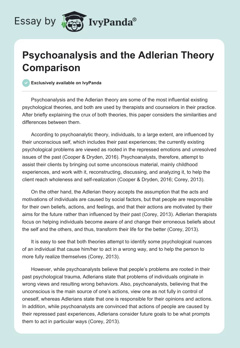Psychoanalysis and the Adlerian Theory Comparison. Page 1