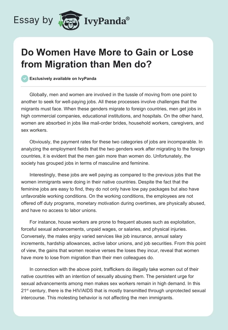 Do Women Have More to Gain or Lose from Migration than Men do?. Page 1