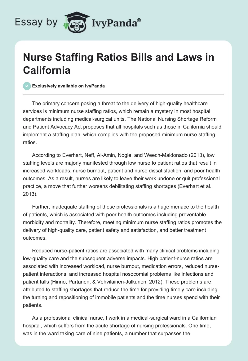 Nurse Staffing Ratios Bills and Laws in California. Page 1
