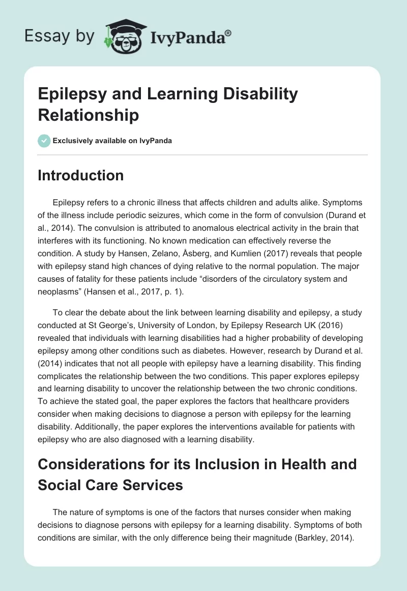 Epilepsy and Learning Disability Relationship. Page 1