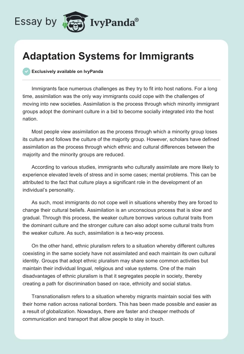 Adaptation Systems for Immigrants. Page 1