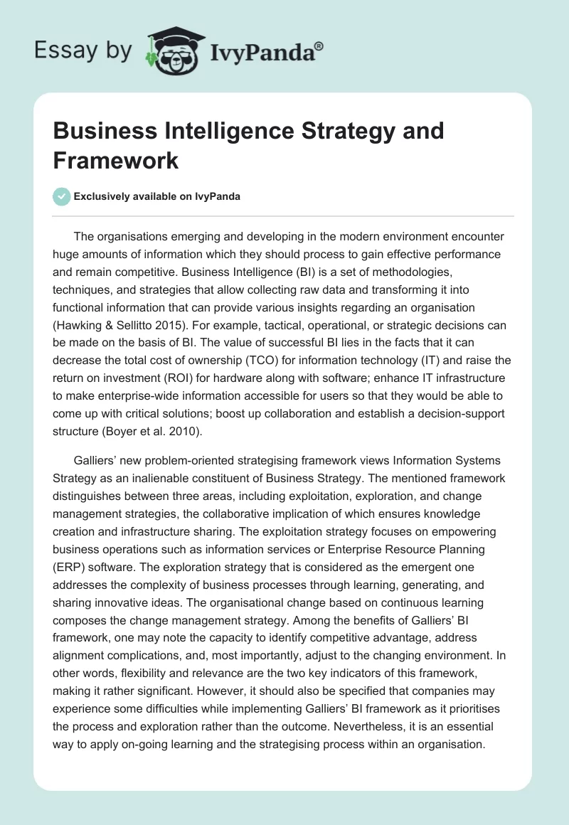 Business Intelligence Strategy and Framework. Page 1