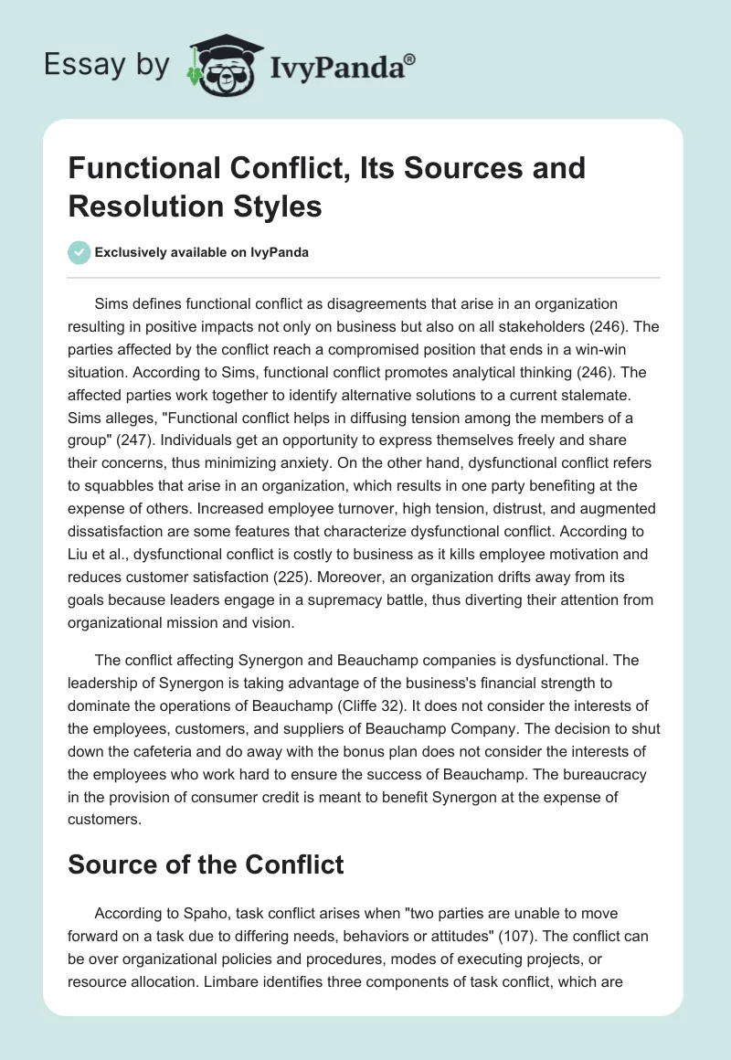 Functional Conflict, Its Sources and Resolution Styles. Page 1