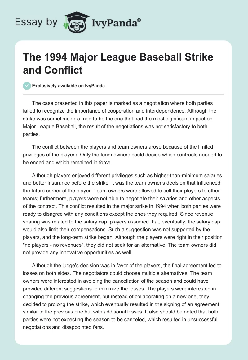 The 1994 Major League Baseball Strike and Conflict. Page 1