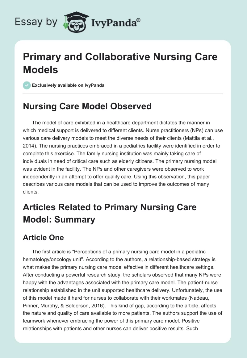 Primary and Collaborative Nursing Care Models. Page 1