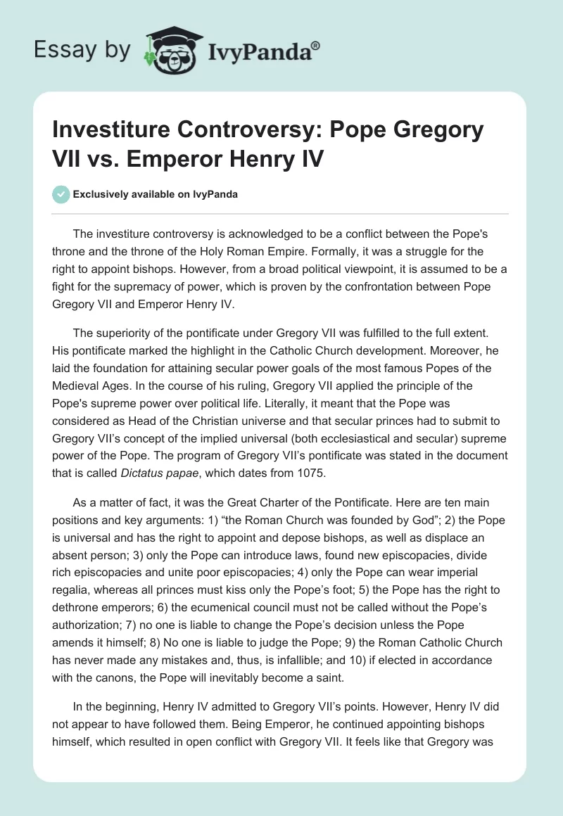 Investiture Controversy: Pope Gregory VII vs. Emperor Henry IV. Page 1