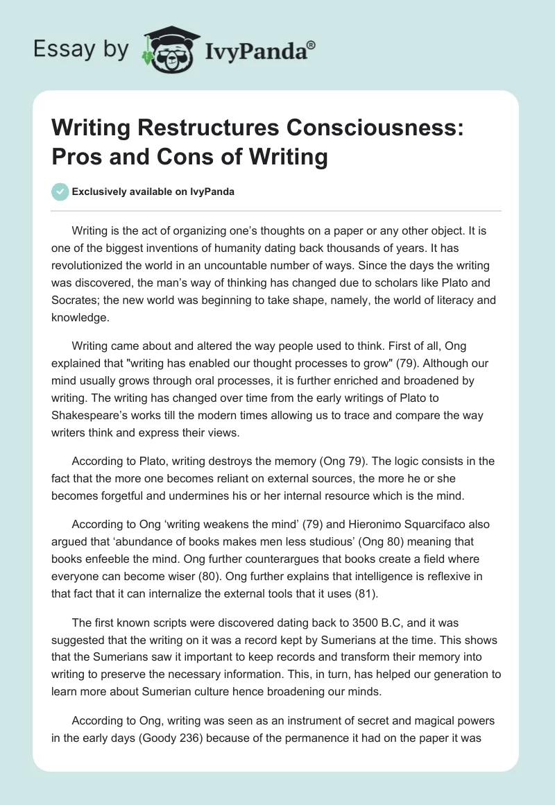 Writing Restructures Consciousness: Pros and Cons of Writing. Page 1