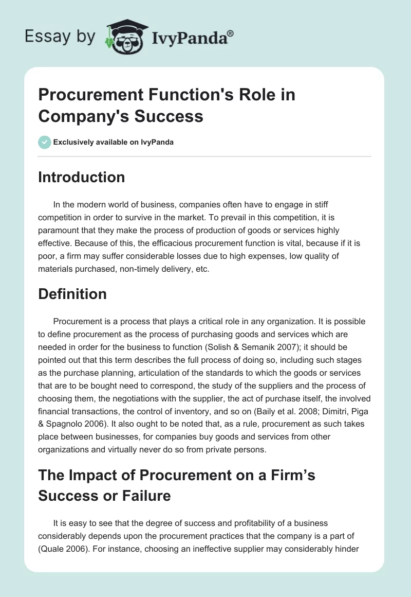 Procurement Function's Role in Company's Success. Page 1