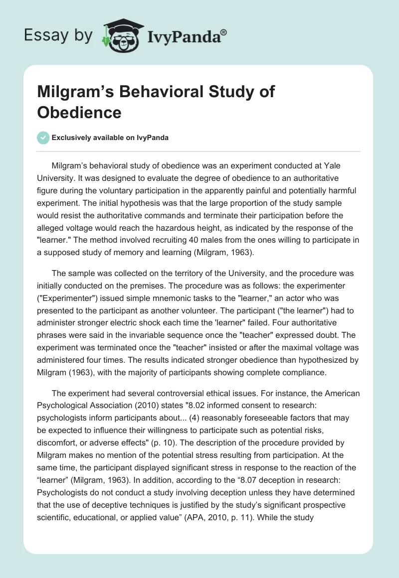 Milgram’s Behavioral Study of Obedience. Page 1