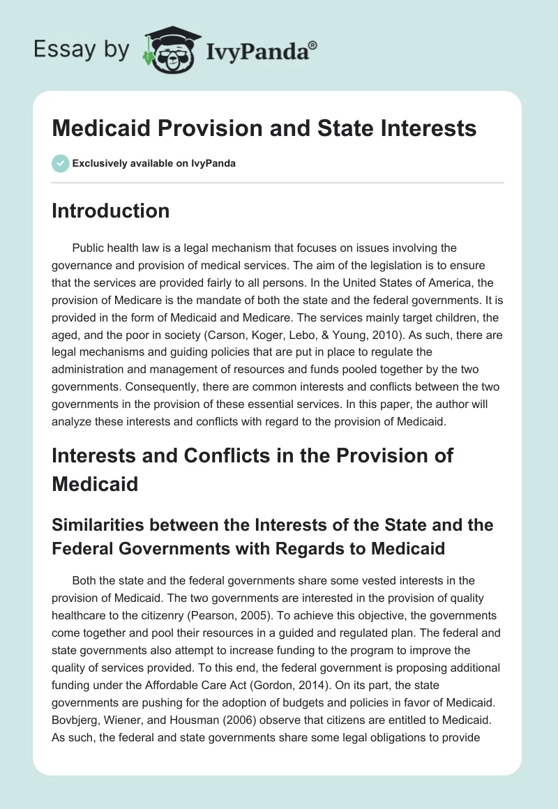 Medicaid Provision and State Interests. Page 1