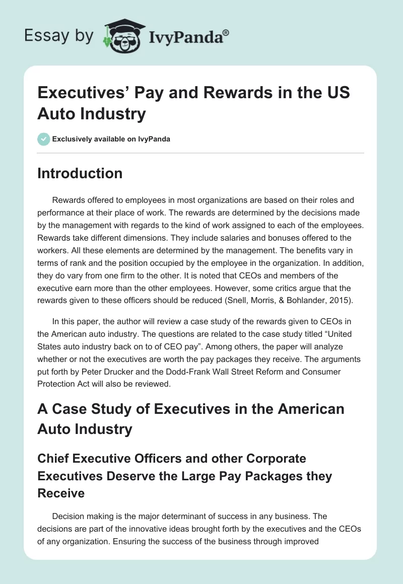 Executives’ Pay and Rewards in the US Auto Industry. Page 1